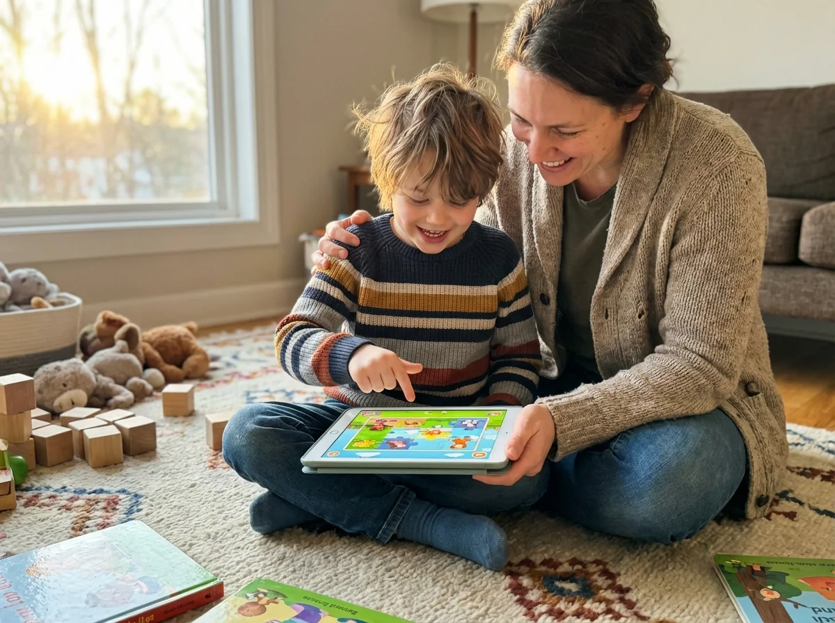 Young child and parent playing a simple game together on tablet
