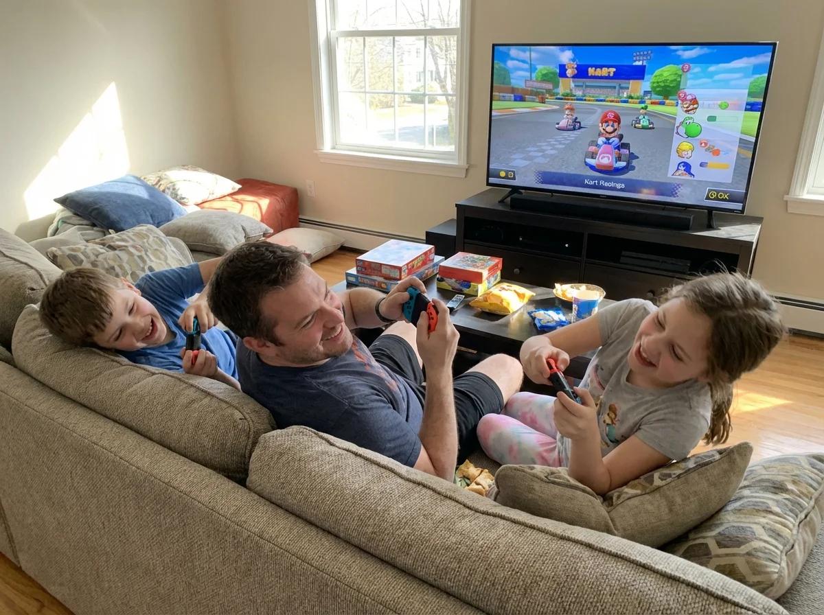 Dad and kids playing Mario Kart on Nintendo Switch together