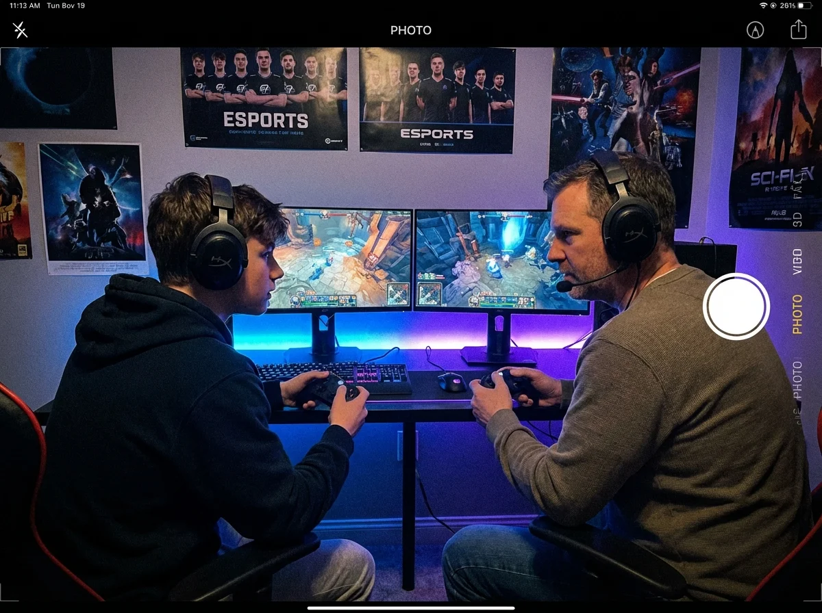 Teen and parent gaming together with headsets at desk