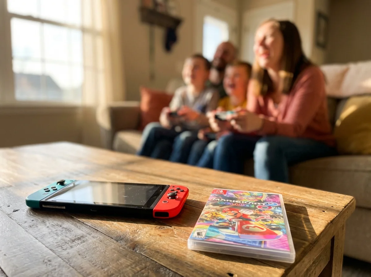 Nintendo Switch controllers on table with family gaming in background