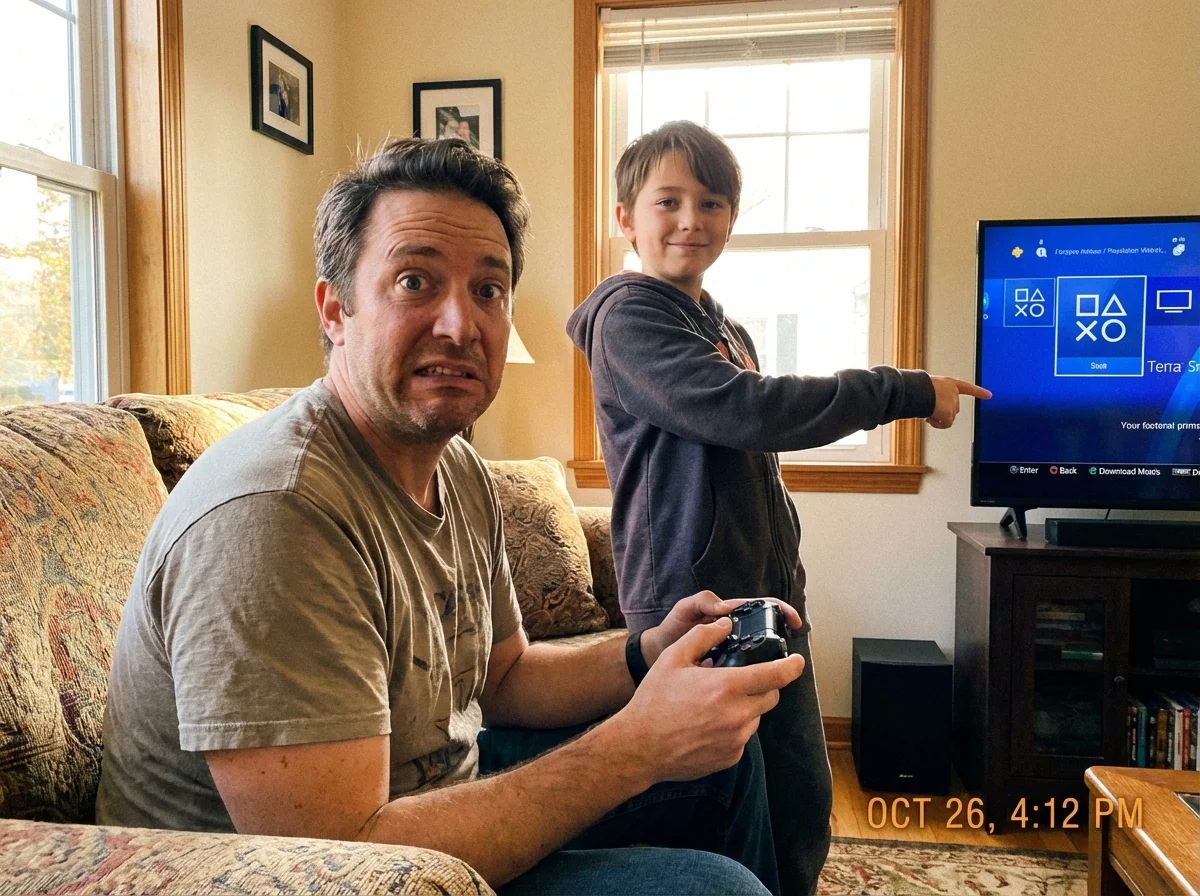 Kid teaching confused parent how to play a video game