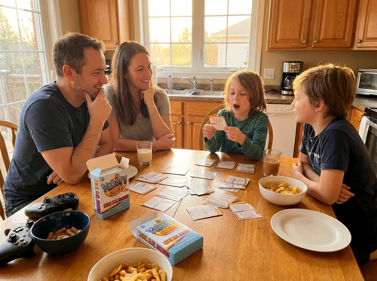 Family using Yakety Pack conversation cards between gaming sessions