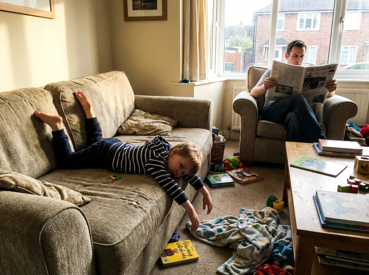 Child lying on couch looking bored while parent reads nearby