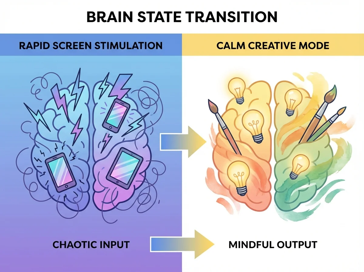 Brain transitioning from screen stimulation to creative mode