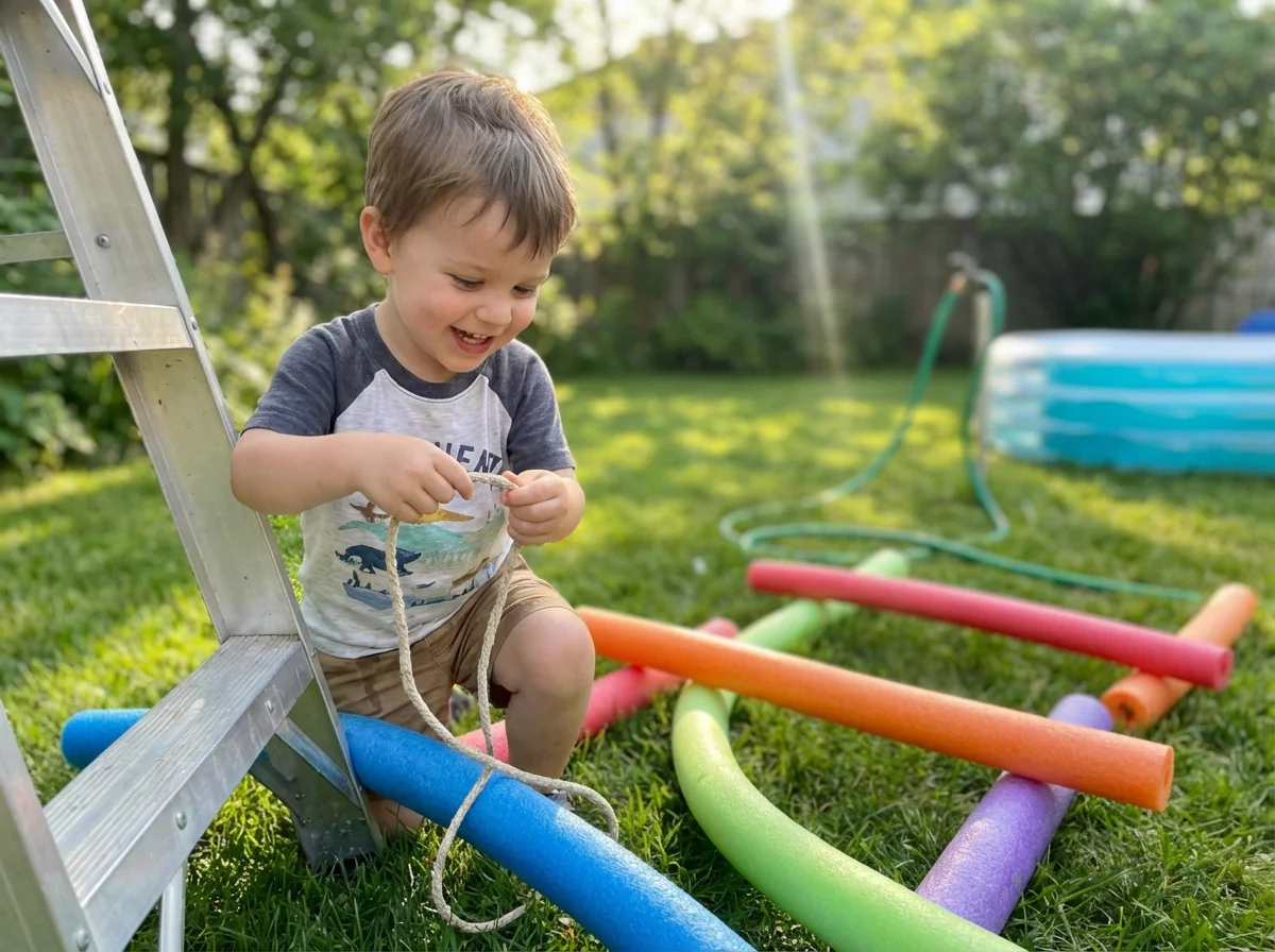 Child building creative obstacle course in backyard