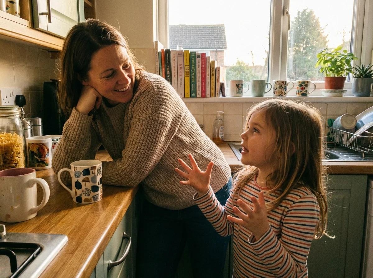 Parent and child having warm conversation at kitchen counter