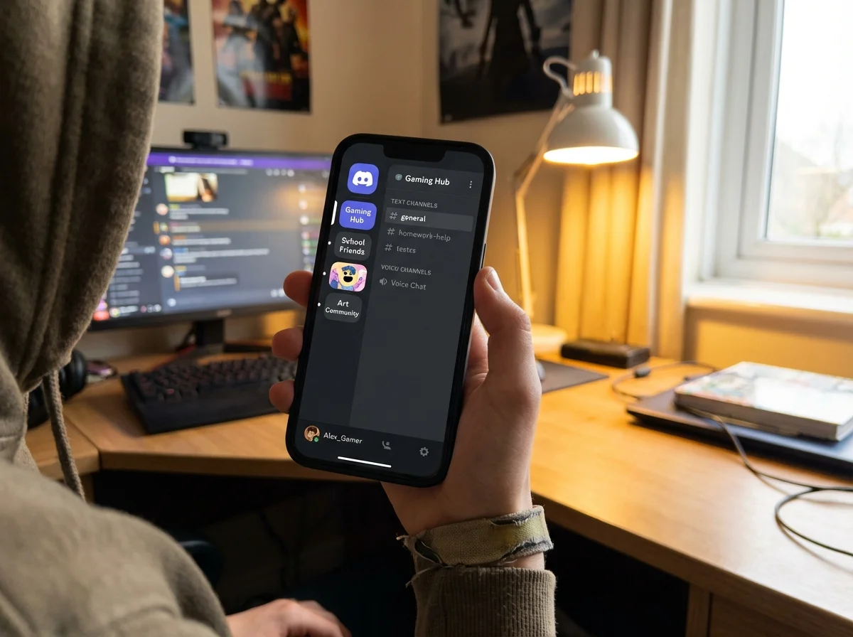 Over-shoulder shot of teenager's phone showing chat app with colorful server icons in sidebar and multiple text channels, casual bedroom setting
