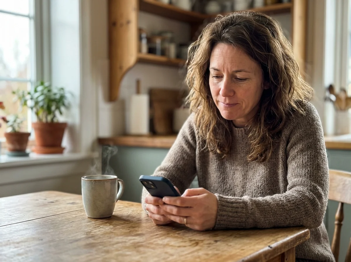 Close-up of parent's concerned but thoughtful face looking at phone screen, kitchen setting, natural window light, expression shows care not panic