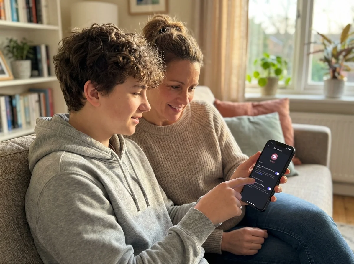 Parent and teen sitting together on couch, teen holding phone showing settings screen to parent, both looking at phone, collaborative teaching moment