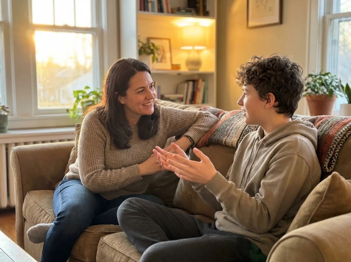 Parent and teenager having genuine conversation on couch, both animated and engaged, no devices visible, warm living room, open body language
