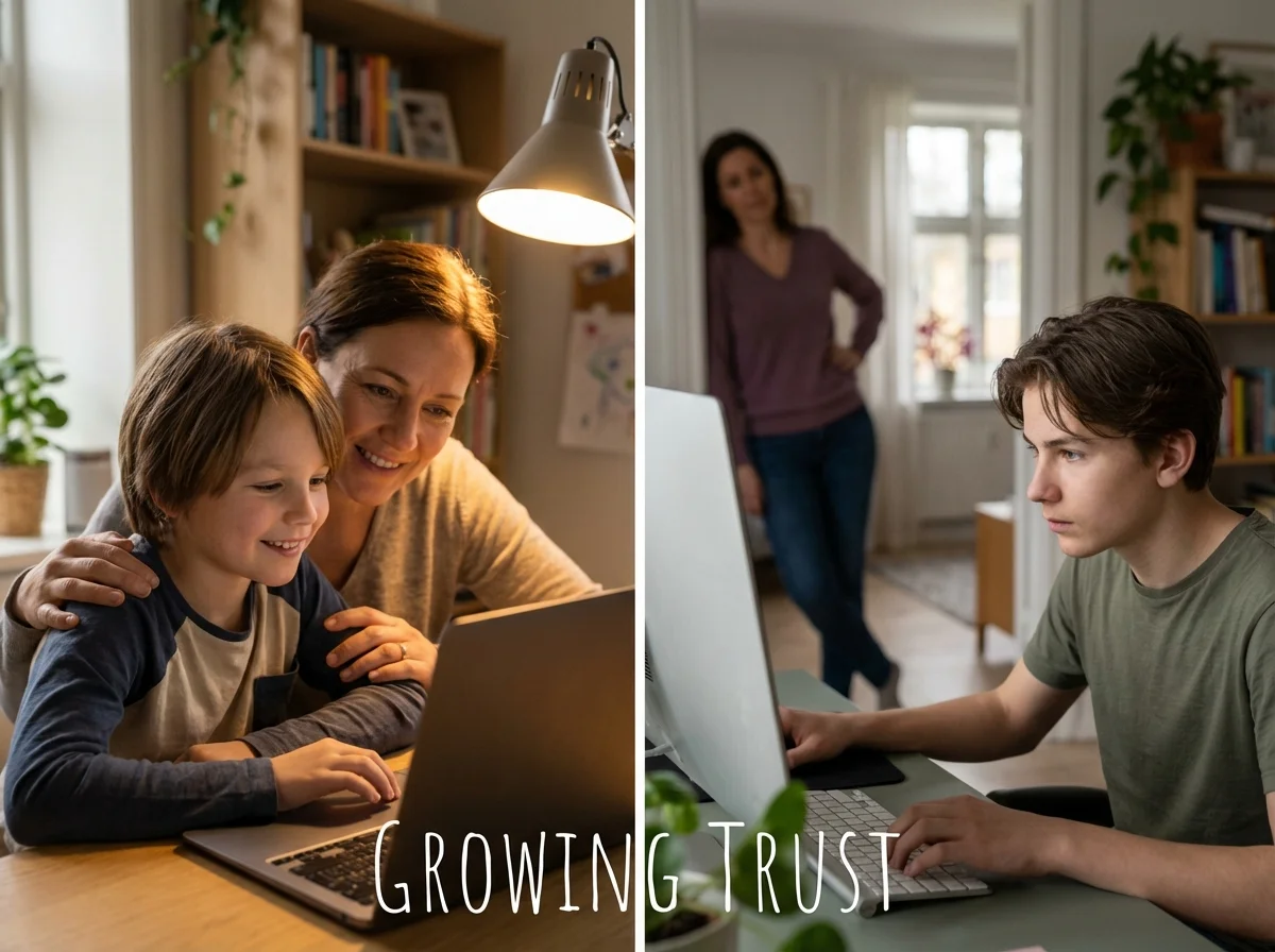 Split composition showing younger kid at desk with parent standing beside them supervising, and older teen at desk alone with parent in doorway giving space