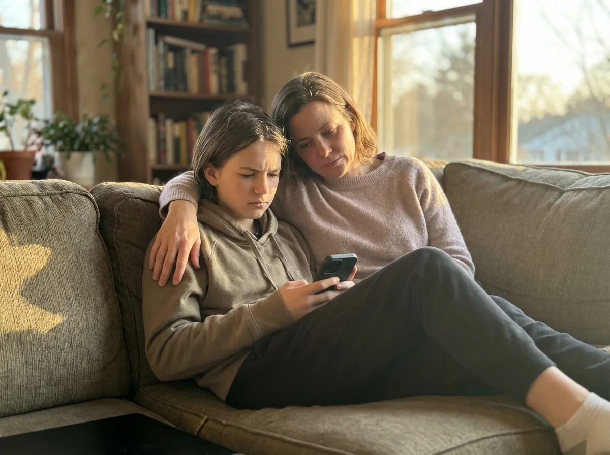 Close-up of parent and upset teenager sitting close together on couch, parent's arm around teen's shoulder, teen looking down at phone, parent's expression supportive and calm