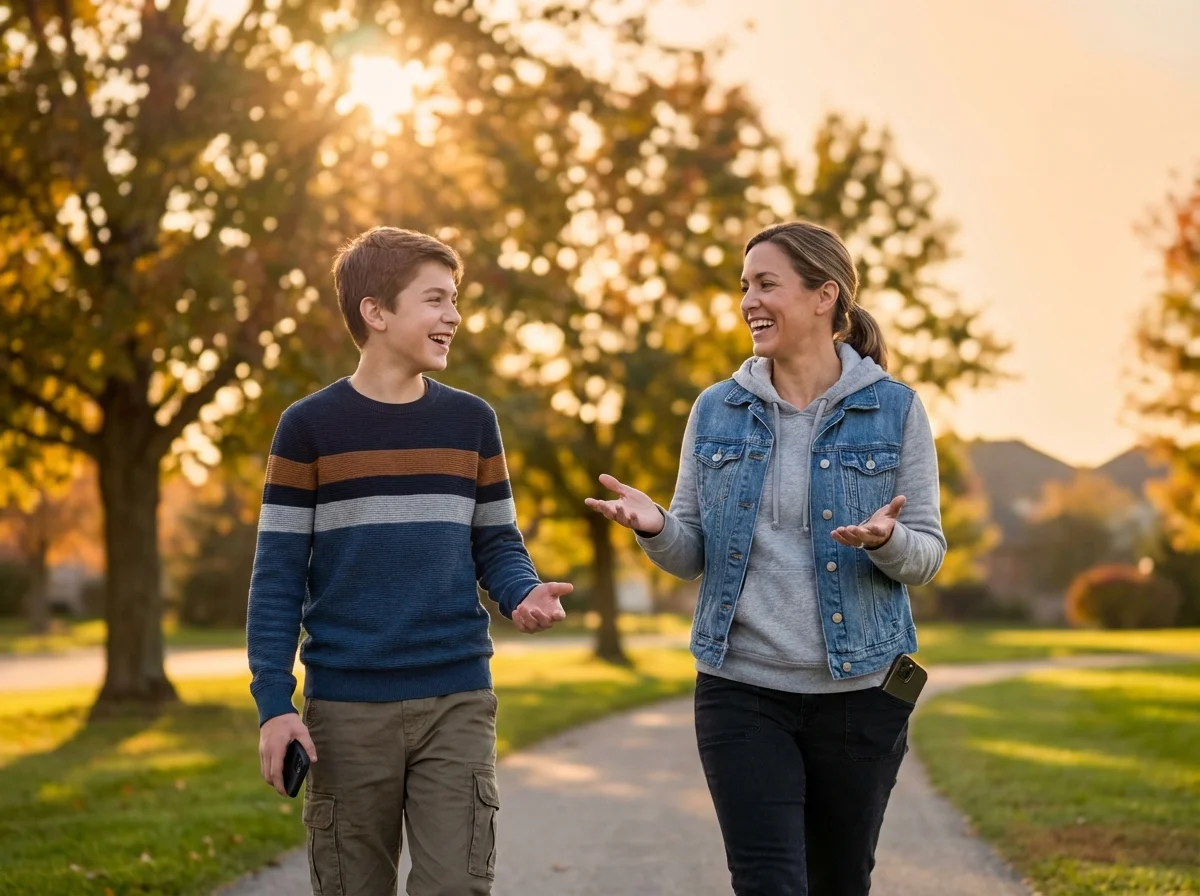 Wide shot of parent and teenager walking together outdoors, casual conversation while walking, both holding phones but focused on each other, warm natural sunlight