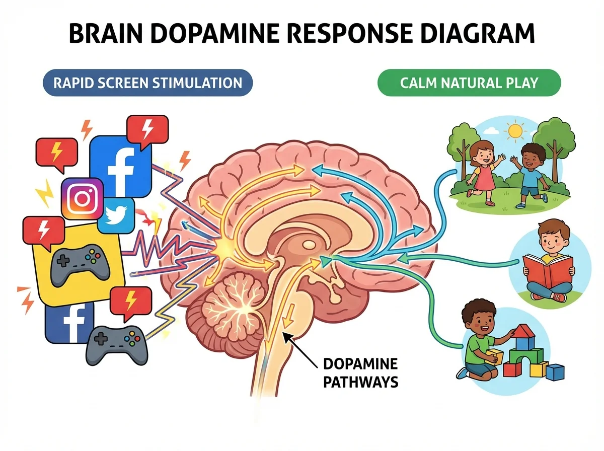 Brain diagram showing dopamine pathways activated by screens versus natural play