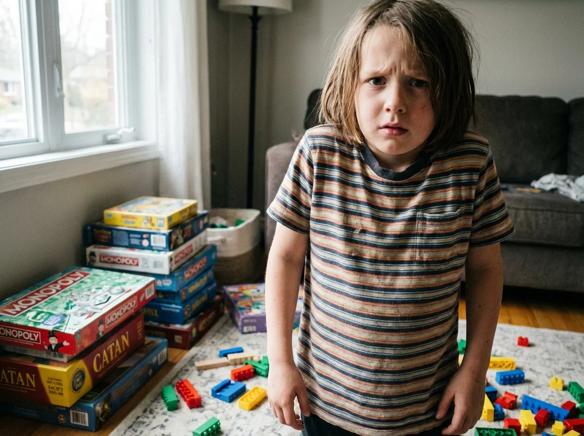 Child standing confused in living room surrounded by untouched toys after screen time