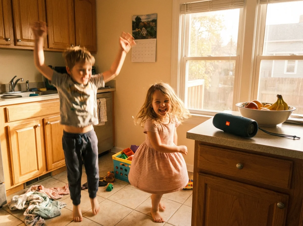 Two kids dancing joyfully in a bright kitchen as a bridge activity after screen time