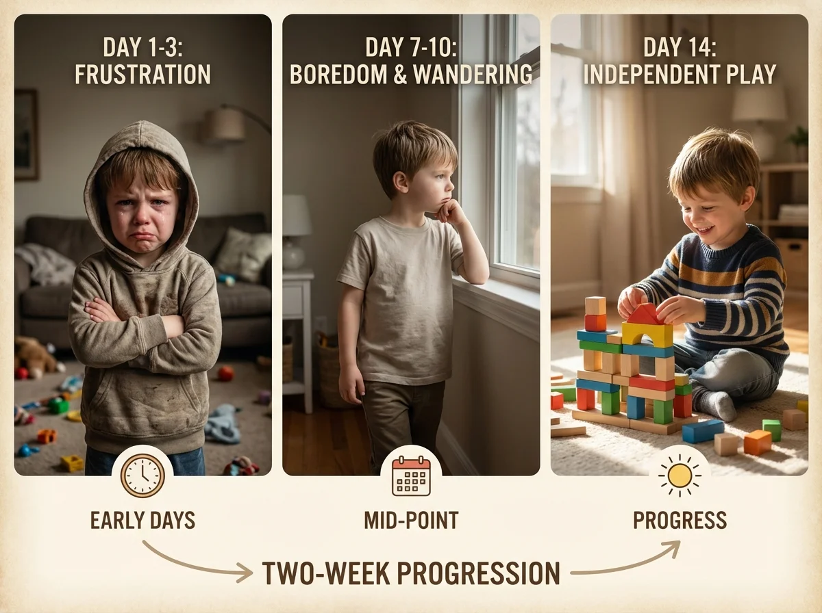 Timeline showing child's progression from frustrated to independent play over two weeks