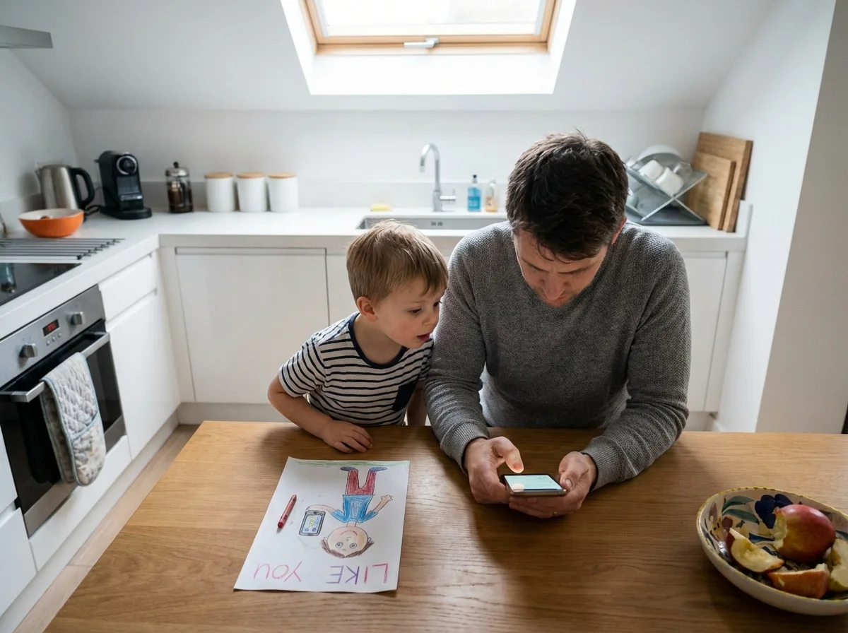 Parent scrolling phone at kitchen table while child watches, modeling screen behavior