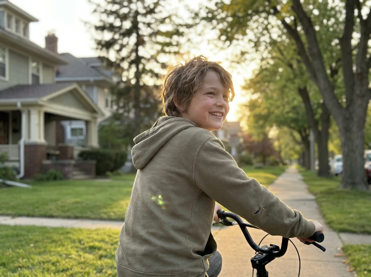 Child riding bicycle on suburban sidewalk at golden hour, enjoying screen-free independence