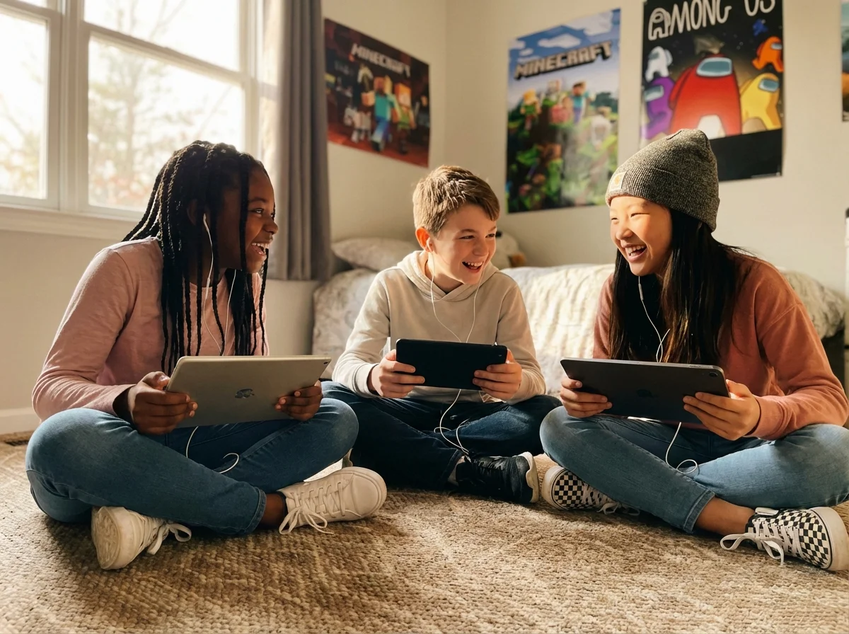 Group of three kids sitting together on floor of bedroom, each with their own device, wearing headphones, clearly talking and laughing together while gaming
