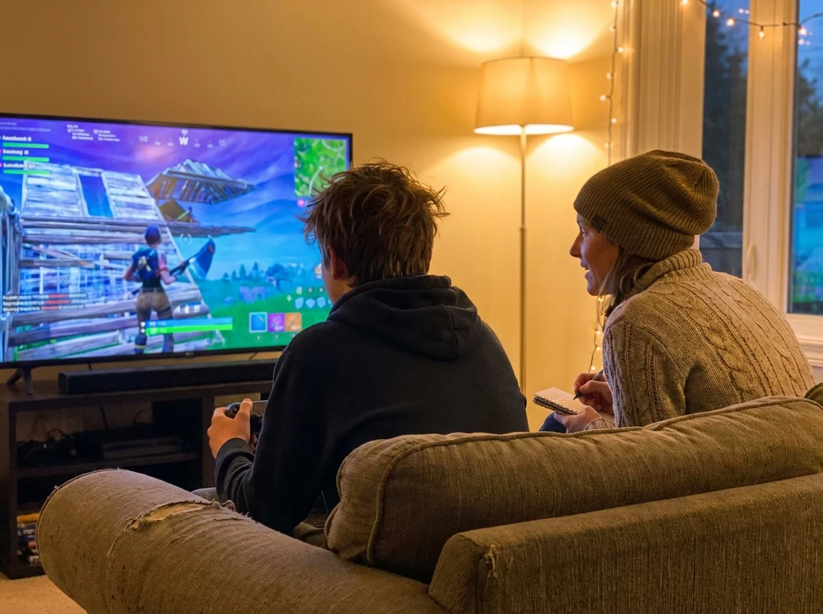 Over-the-shoulder view of a kid gaming on TV, parent sitting beside them on couch with notepad, both focused on screen, cozy living room