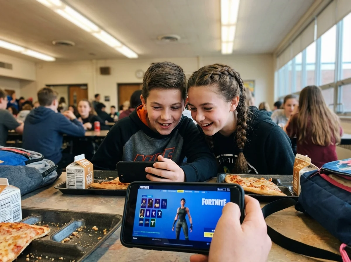 Close-up of two kids at a lunch table at school, one showing the other something on their phone screen with gaming content, both excited and engaged