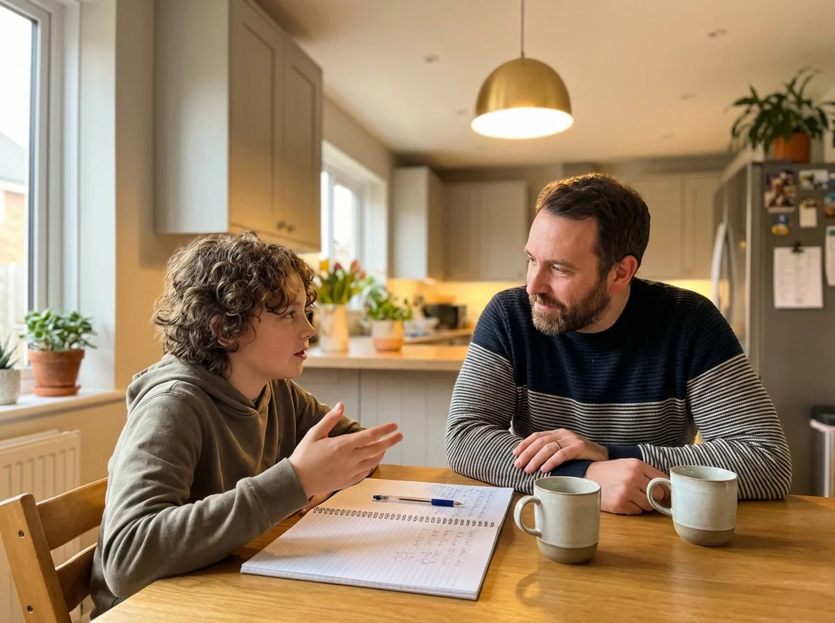 Parent and child sitting at kitchen table having a conversation, small notebook or budget sheet visible between them, both looking engaged in discussion