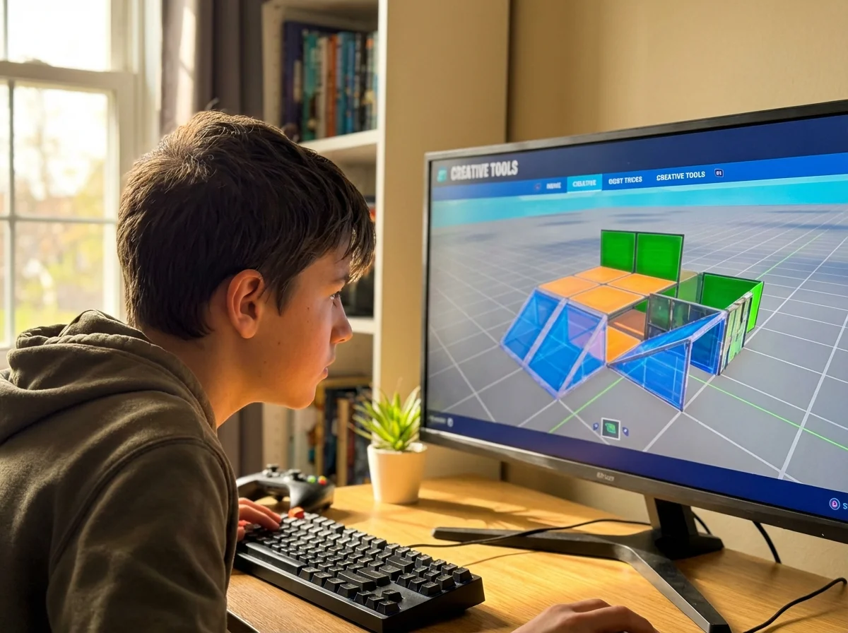 Kid at desk with gaming setup showing screen with colorful building/creative content, kid focused and engaged in creating something