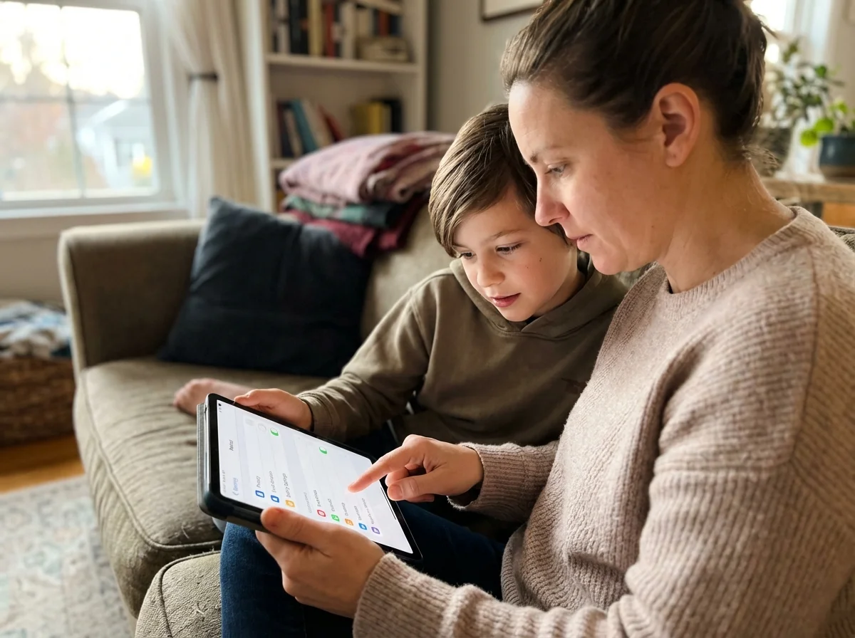 Parent and child sitting together looking at a tablet or laptop screen, parent pointing at screen showing settings interface, child watching attentively