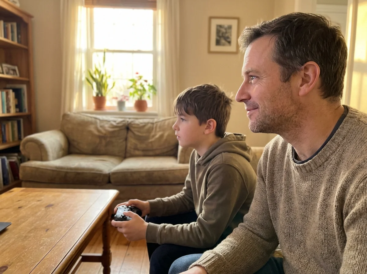 Dad sitting beside son on couch while son games, dad not looking at screen but at son's face watching his reactions, warm evening light