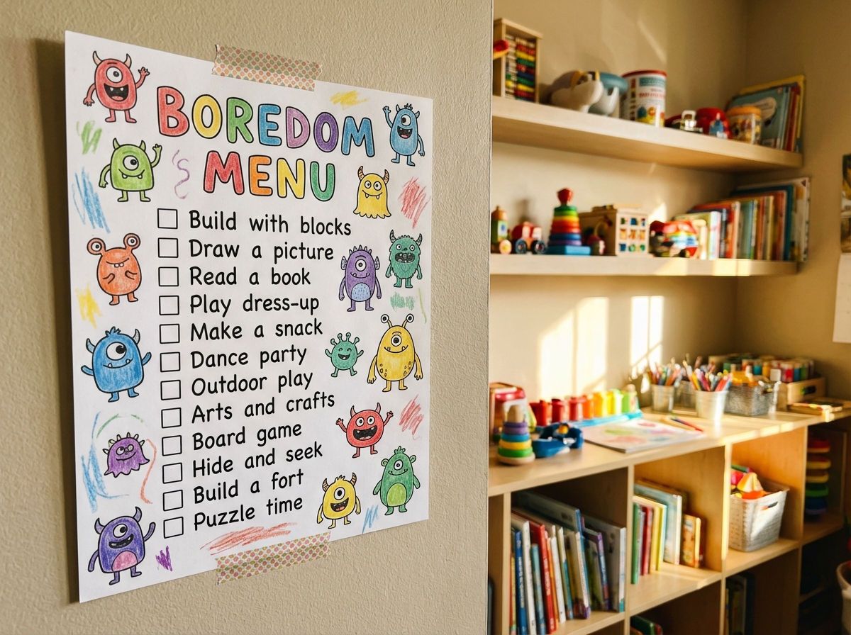 Boredom menu taped to refrigerator with kids handwriting