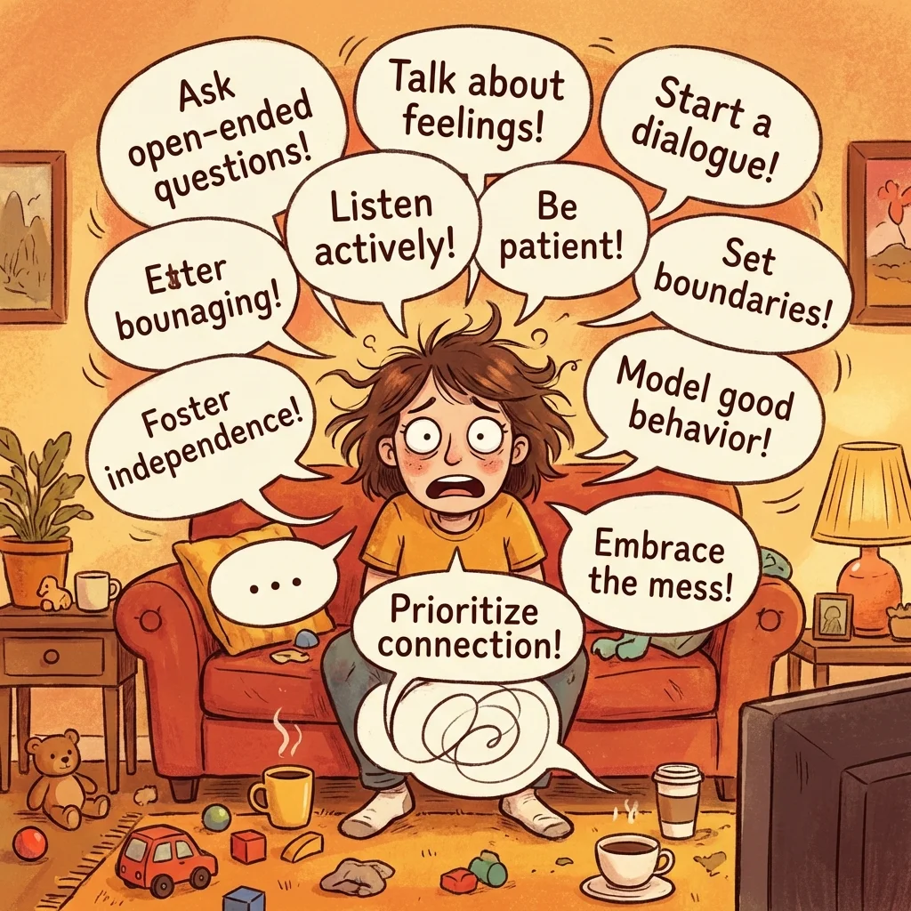 Parent overwhelmed by floating speech bubbles with parenting advice phrases