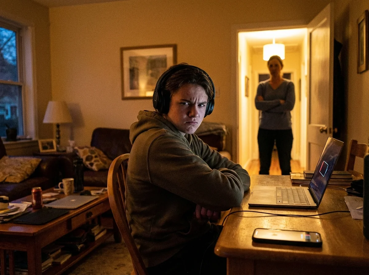 Teenager wearing headphones looking annoyed while parent stands in doorway
