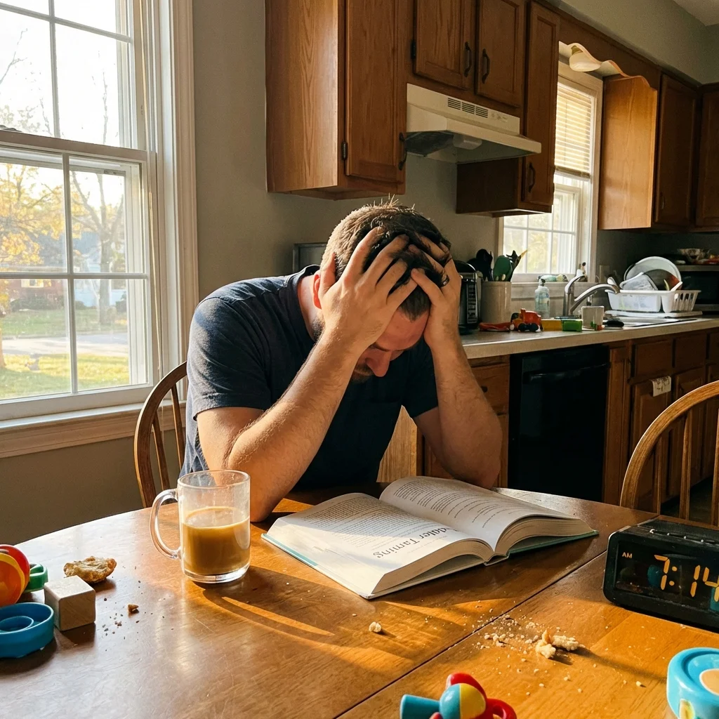 Dad at kitchen table with parenting book and cold coffee looking frustrated