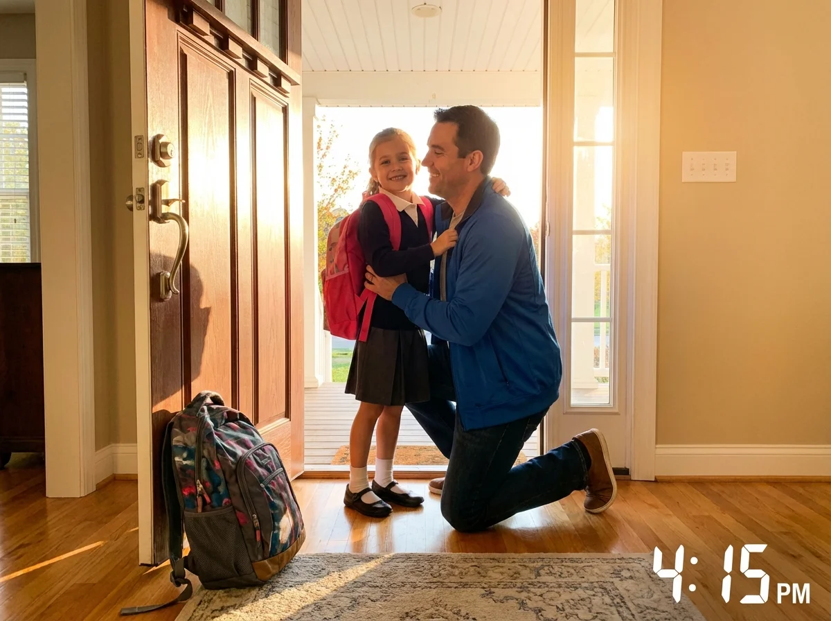 Dad greeting daughter at door after school in warm afternoon light