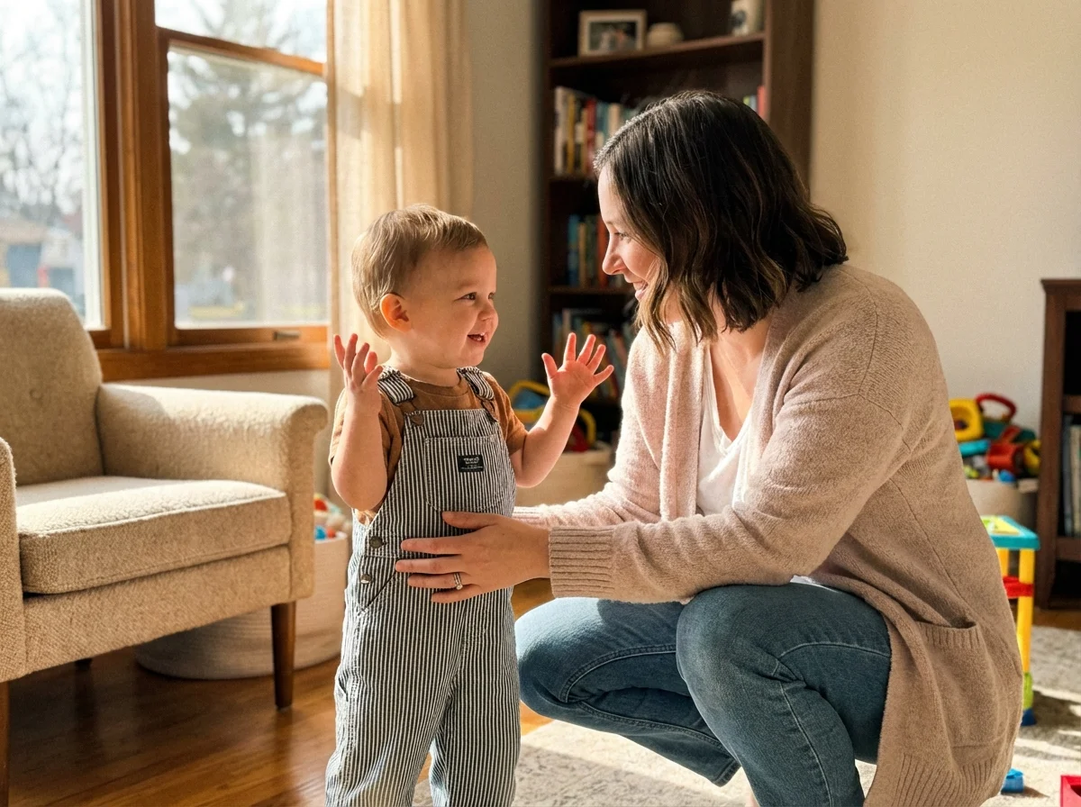 Parent crouching to toddler eye level having a conversation