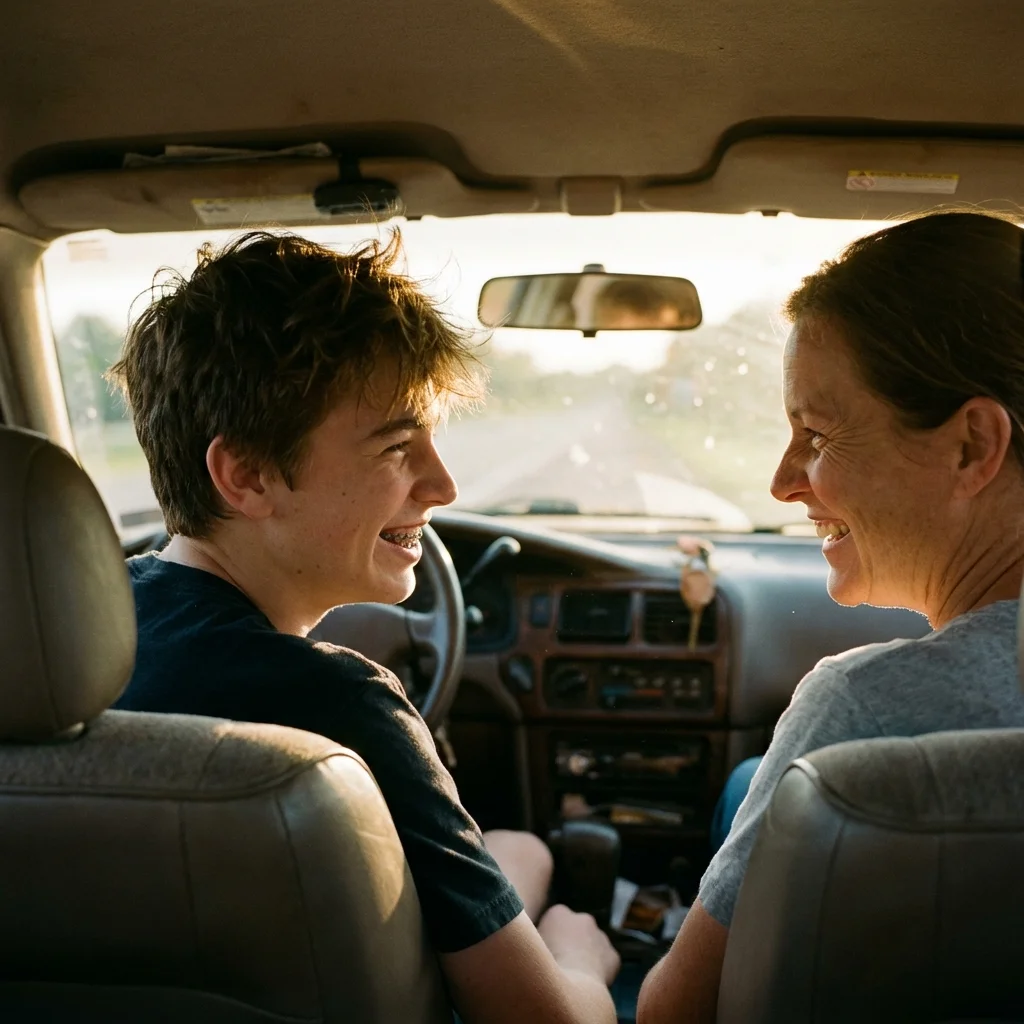 Parent and teen sitting in car having a natural conversation with afternoon light coming through windshield
