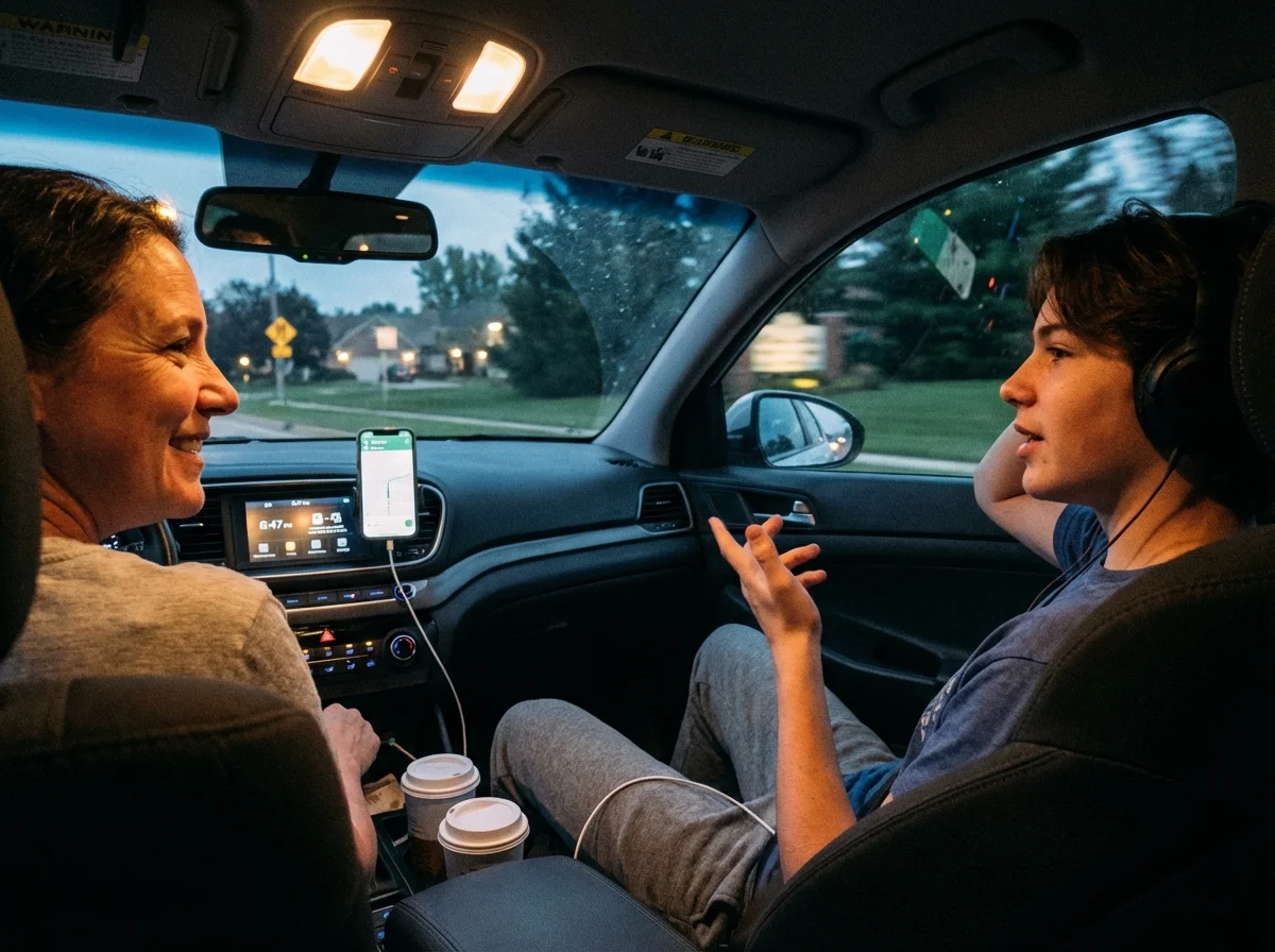 Parent and teenager having a conversation in the car at dusk