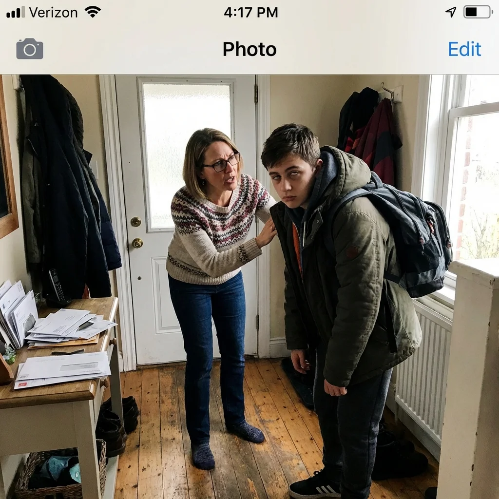 Parent asking questions as teenager walks through door from school still wearing backpack