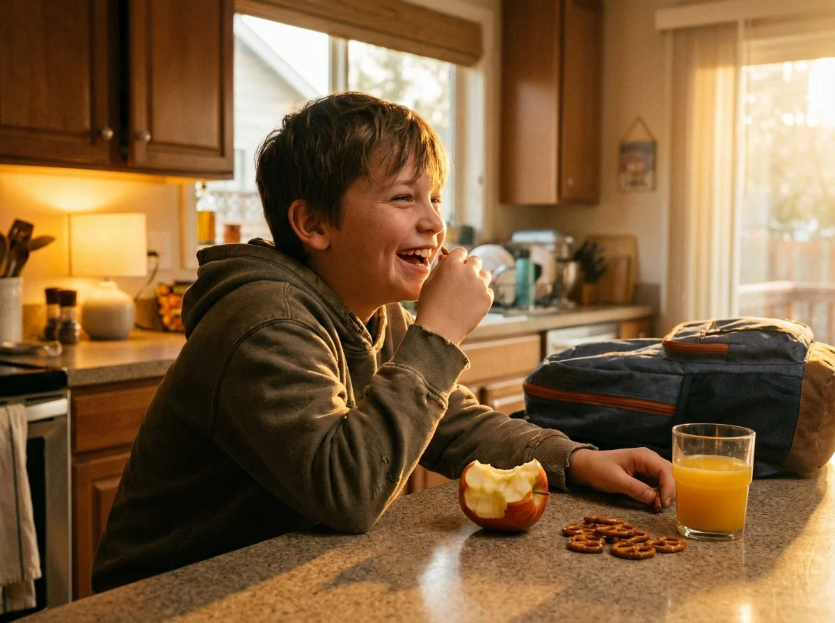 Boy eating after-school snack at kitchen counter looking relaxed