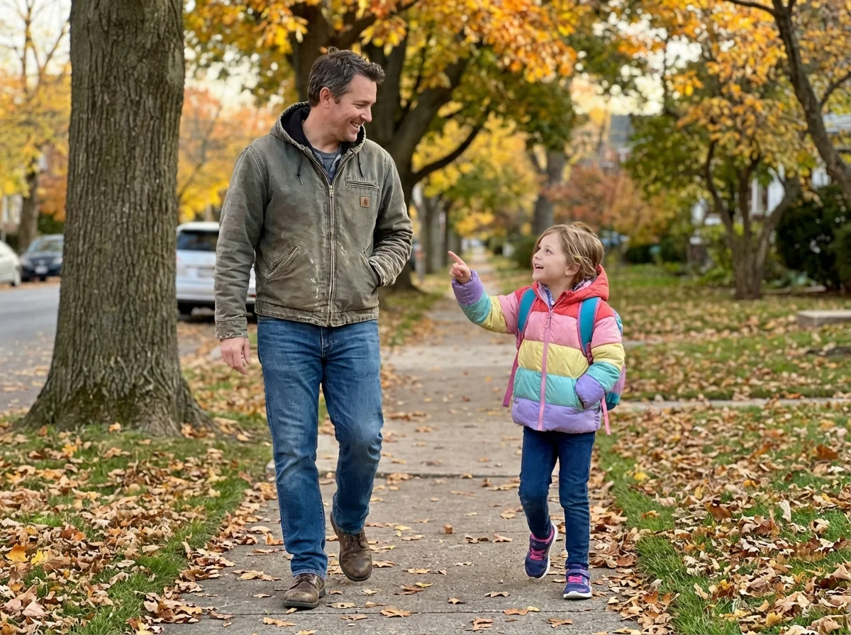 Parent and young child walking and talking on a tree-lined sidewalk