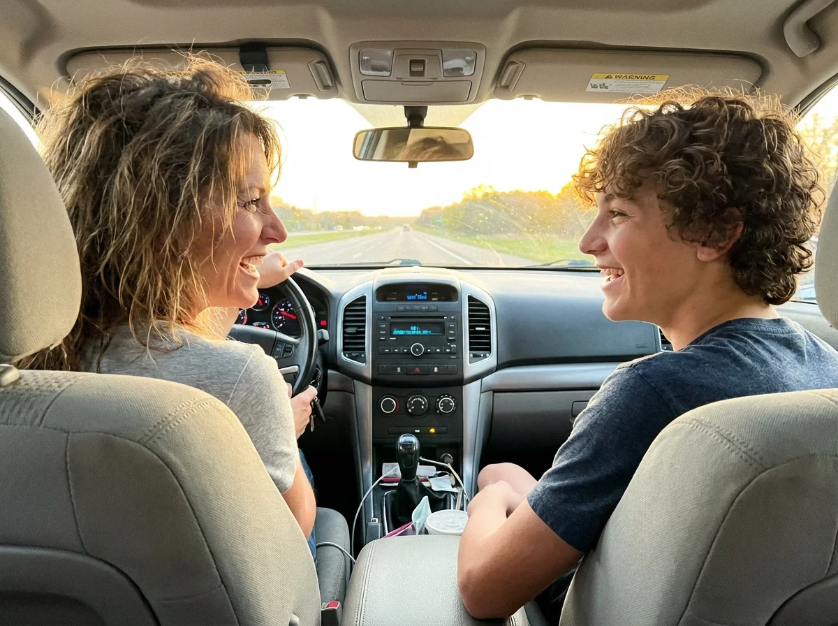Mom and teen son talking in the car during after-school pickup