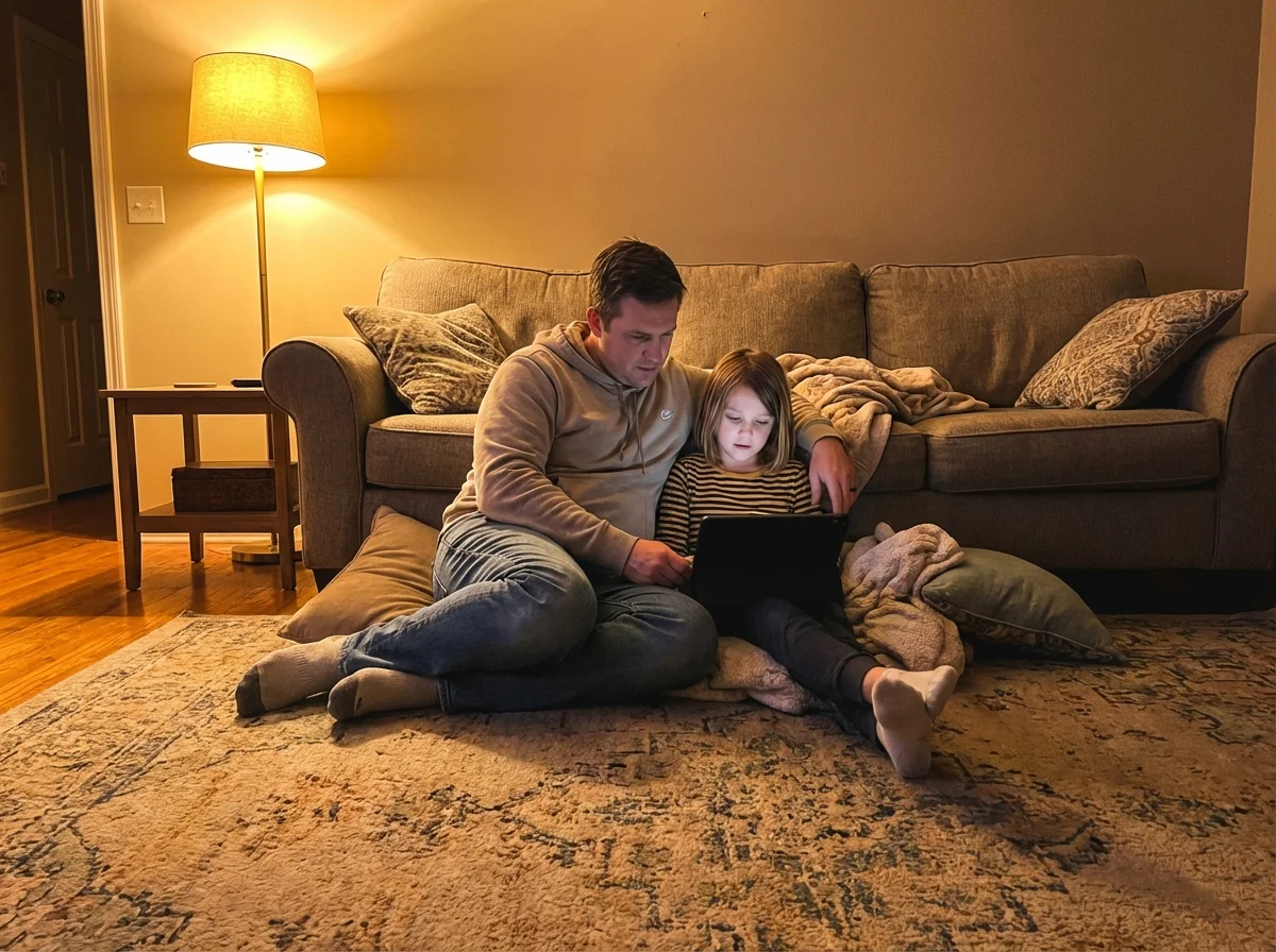 Parent and elementary-age child sitting side by side looking at a tablet together