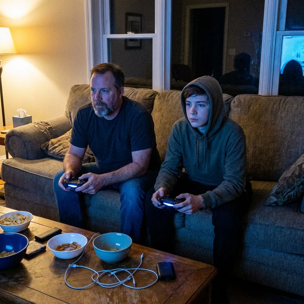 Dad and teenage son playing video games together on the couch in relaxed evening setting