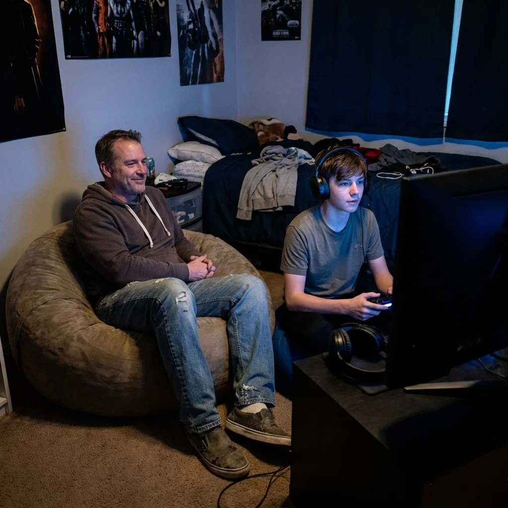 Dad sitting on beanbag in teenager's room quietly watching them play video games in monitor glow