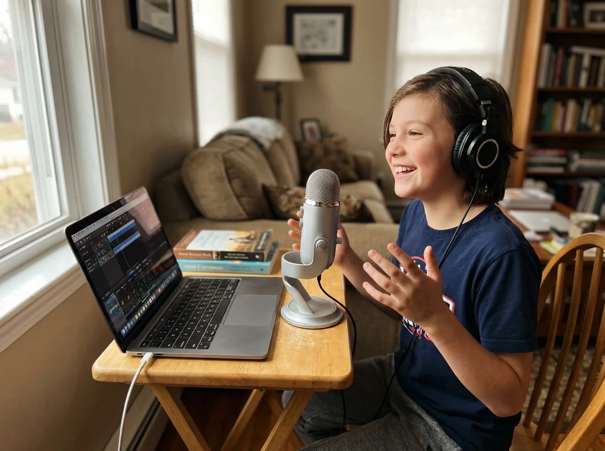 Kid recording a podcast as a creative screen time alternative