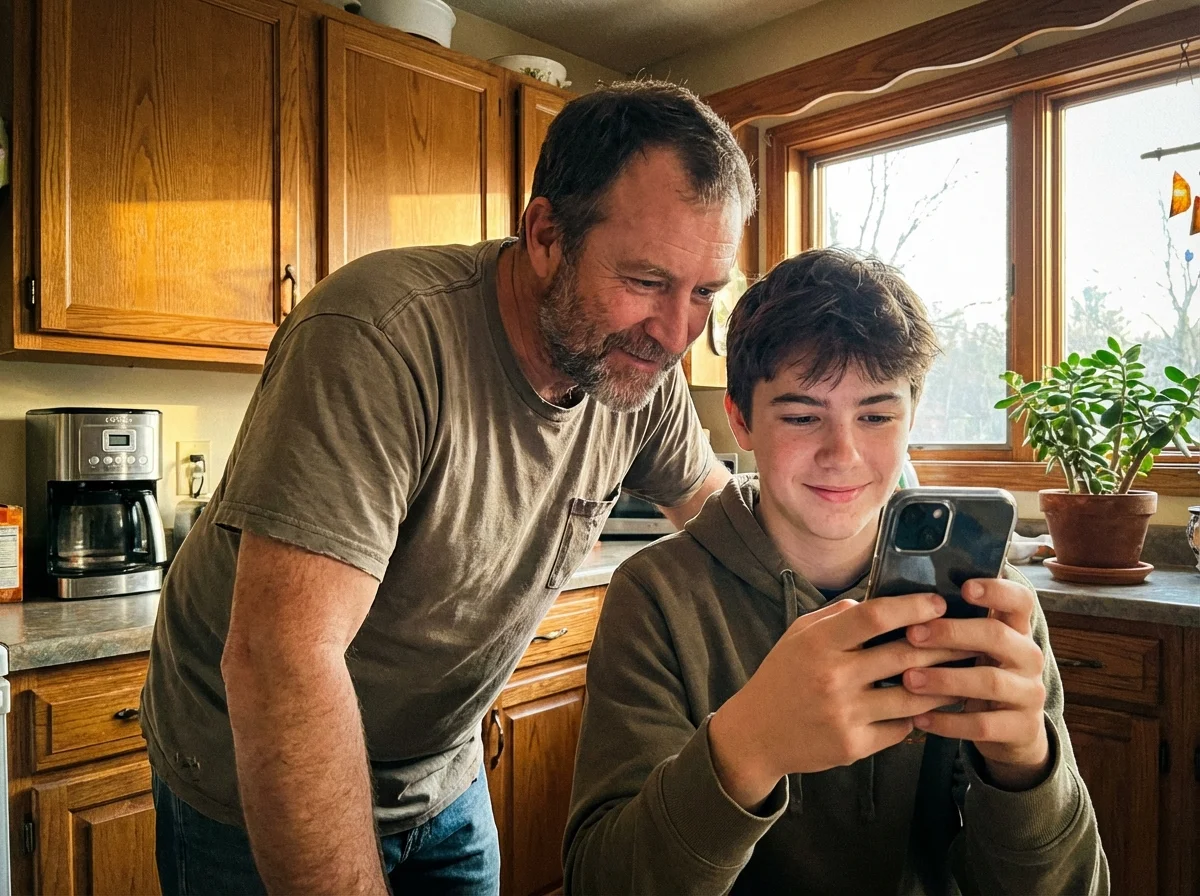 Dad looking at teenager's phone screen together, both engaged
