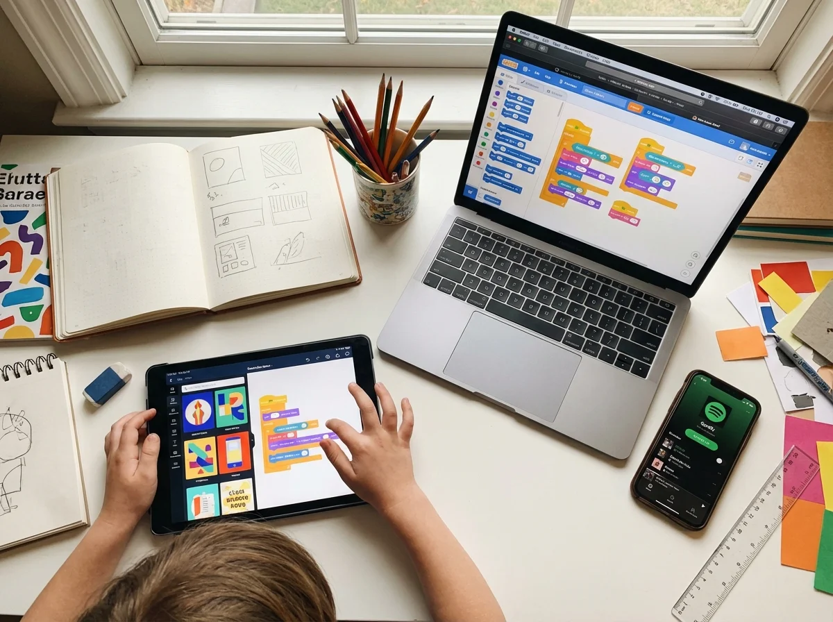 Age-appropriate creation tools for kids - Scratch, Canva, GarageBand