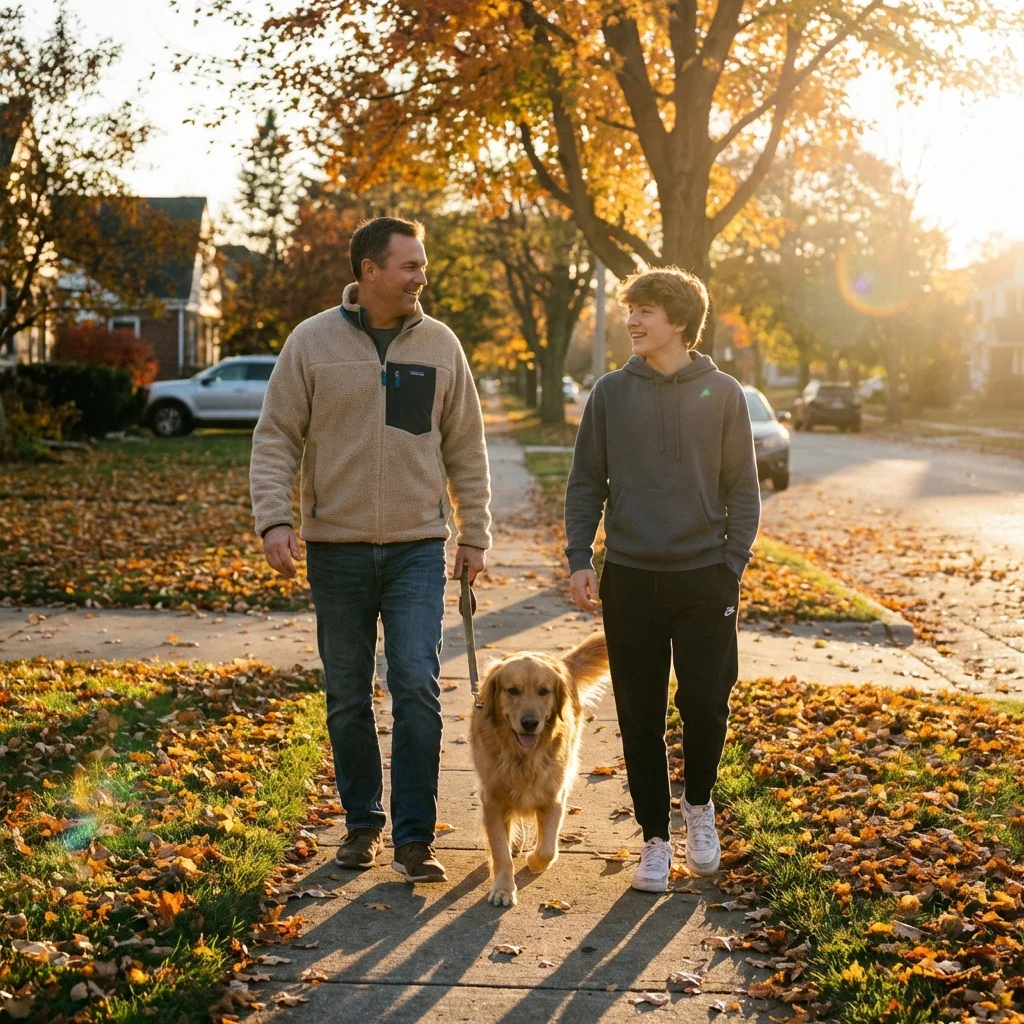 Dad and teenager walking the dog together at golden hour having a casual conversation