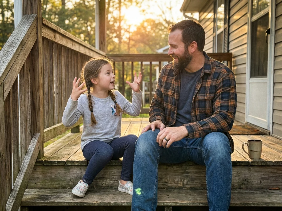 Dad and daughter sitting on porch steps having an animated conversation